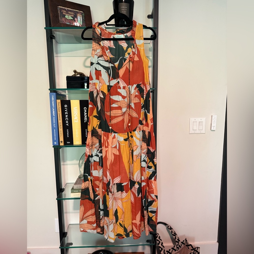 Tropical Floral Maxi Dress in Orange and Green D004